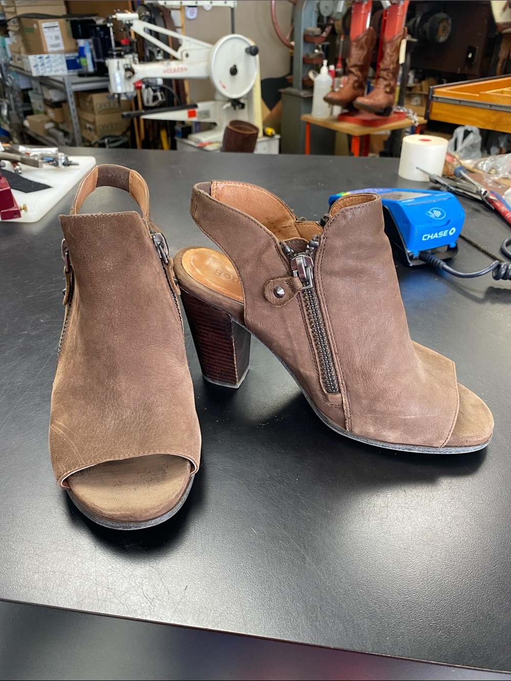 Kenneth Cole Gentle Souls Brown Suede Peep-Toe Block Heel Slingback Booties.